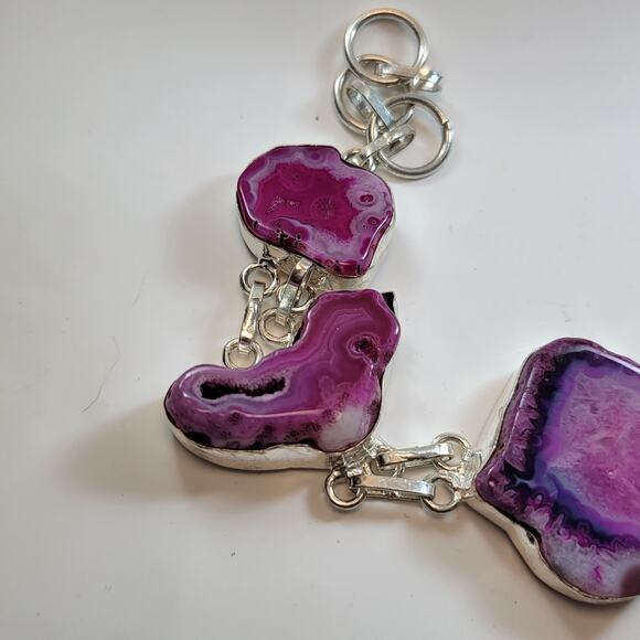 Gemstone Bracelets Sterling Silver Raw Pink Agate Slice Bracelet Adjustable Fit - Picture 3 of 10